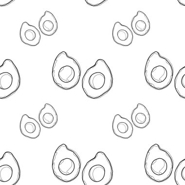 Minimalistic seamless pattern with drawn avocados on a white background. Pattern with black lines for textiles, wallpaper, clothes, accessories, postcards, posters.