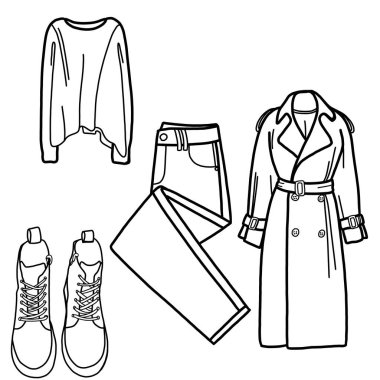 A minimalistic image of capsule clothing. Linear illustration of clothes. A minimalist set of clothes. Sketch for fashion magazines, posters, logos, brochures, postcards.