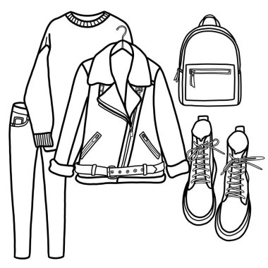 A minimalistic image of capsule clothing. Linear illustration of clothes. A minimalist set of clothes. Sketch for fashion magazines, posters, logos, brochures, postcards.