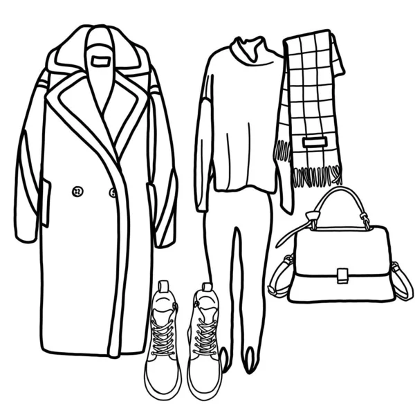 A minimalistic image of capsule clothing. Linear illustration of clothes. A minimalist set of clothes. Sketch for fashion magazines, posters, logos, brochures, postcards.
