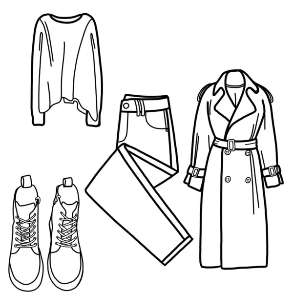 A minimalistic image of capsule clothing. Linear illustration of clothes. A minimalist set of clothes. Sketch for fashion magazines, posters, logos, brochures, postcards.