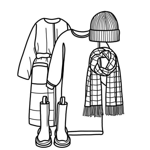 A minimalistic image of capsule clothing. Linear illustration of clothes. A minimalist set of clothes. Sketch for fashion magazines, posters, logos, brochures, postcards.