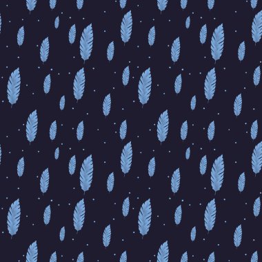 Seamless pattern in blue shades. Pattern with blue feathers. Pattern for textiles, wallpaper, clothes, accessories. Print of postcards, greetings, cards