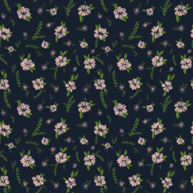 Seamless pattern with small pink flowers and green twigs. Pattern for textiles, wallpaper, posters, accessories, clothes. Print for postcards, invitations.