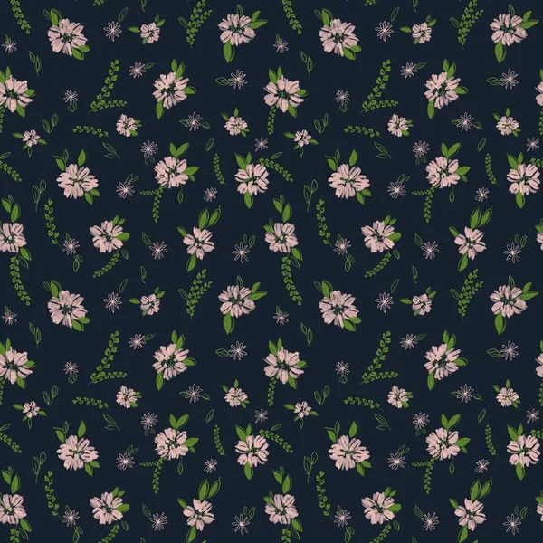 Seamless pattern with small pink flowers and green twigs. Pattern for textiles, wallpaper, posters, accessories, clothes. Print for postcards, invitations.