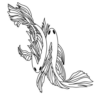 Balıkların minimalist çizimi. Dövme için fikir. Bir balığın doğrusal sadeleştirilmiş görüntüsü. Tekstil, aksesuar, logo, poster baskısı.