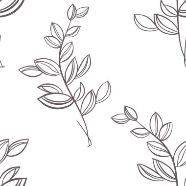 Botanik anahatlarıyla kusursuz desenli kır çiçeği, dal, yapraklar. El çizimi, soyut kalem çizimi, tarla çiçeği, beyaz arka plan üzerine bitki, tekstil, kumaş, ambalaj için sanat çizimi. 