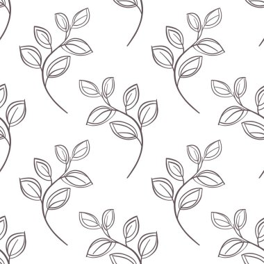 Botanik anahatlarıyla kusursuz desenli kır çiçeği, dal, yapraklar. El çizimi, soyut kalem çizimi, tarla çiçeği, beyaz arka plan üzerine bitki, tekstil, kumaş, ambalaj için sanat çizimi. 