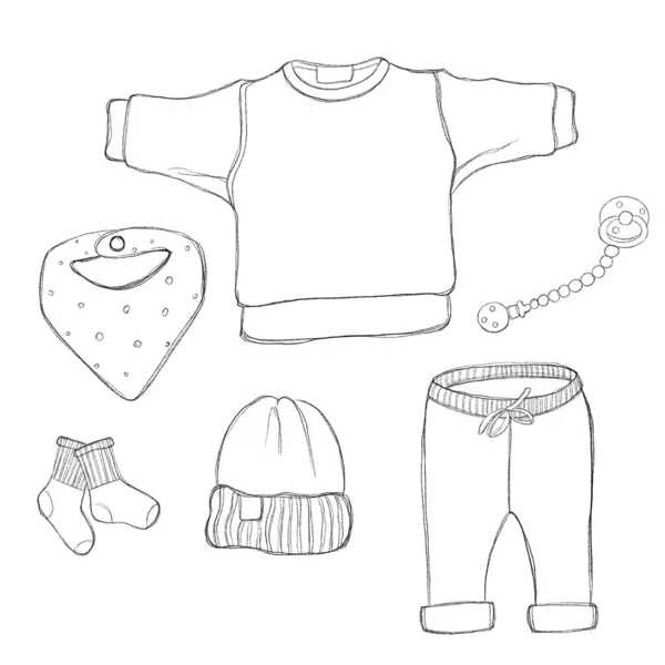 Мінімалістичний Набір Дитячого Одягу Лінійні Ілюстрації Одягу Малюків Друк Логотипів — стокове фото