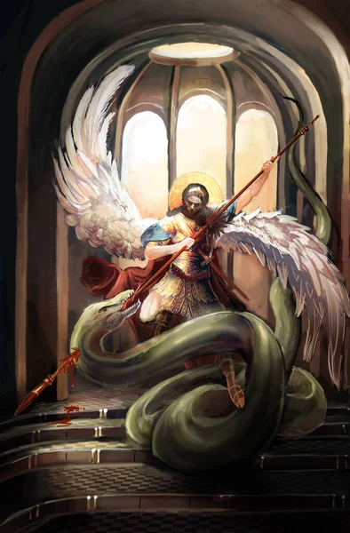 Battle Good Evil Archangel Big Snake — Stock Fotó