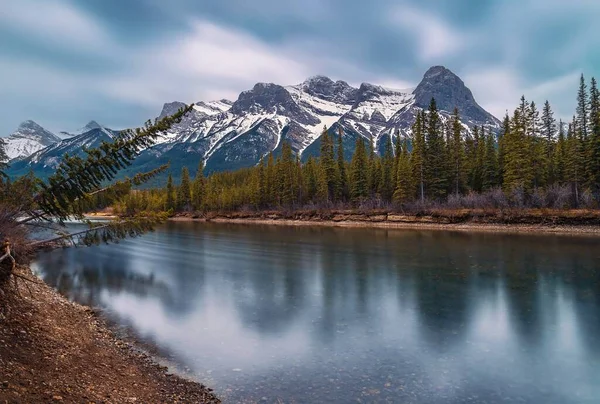 Panoramic Long Exposure Canmore Mountains Bow River — Zdjęcie stockowe