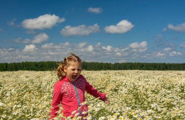 Çiçekli papatyalarla koca bir tarlada yürüyen bir kız.. 