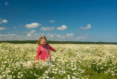 Çiçekli papatyalarla koca bir tarlada yürüyen bir kız.. 