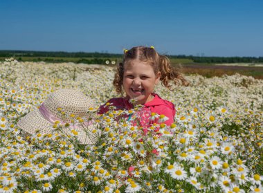 Çiçekli papatyalarla koca bir tarlada yürüyen bir kız.. 