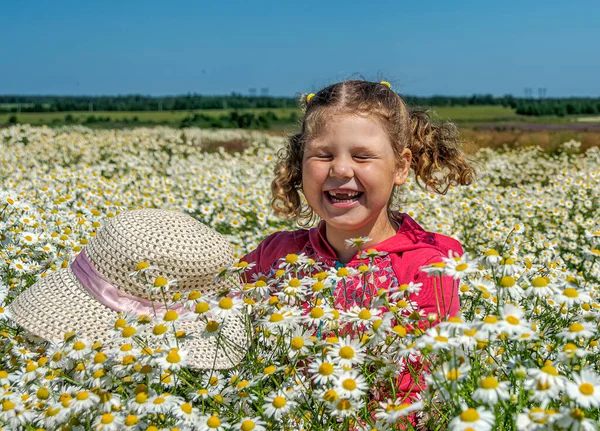 Çiçekli papatyalarla koca bir tarlada yürüyen bir kız.. 