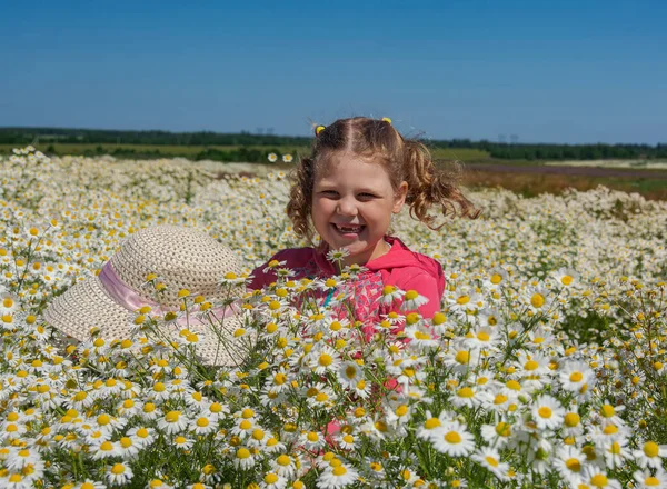 Çiçekli papatyalarla koca bir tarlada yürüyen bir kız.. 