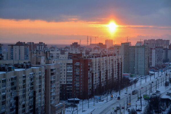 View from the roof of the house on the avenue in a residential area of St. Petersburg.