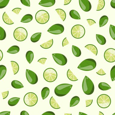 Bir dilim kireç ve nane. Çizgi film tarzında vektör illüstrasyonu. Citrus meyvesi kusursuz vektör deseni. Yeşil renkler. Çiğ, organik ve vejetaryen yiyecekler. Şekillendirilmiş yeşil limon ya da limon deseni.