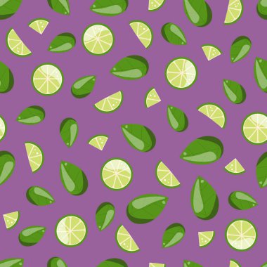 Bir dilim kireç ve nane. Çizgi film tarzında vektör illüstrasyonu. Citrus meyvesi kusursuz vektör deseni. Yeşil renkler. Çiğ, organik ve vejetaryen yiyecekler. Şekillendirilmiş yeşil limon ya da limon deseni.