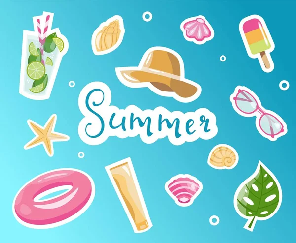 Lindo Conjunto Verano Con Elementos Tropicales Dibujados Mano Letras Helado — Vector de stock