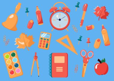 Vector flat illustration of school and education workplace items. School supplies. Stationery set. Back to school. Supplies for office and education. Equipment for teachers and children.
