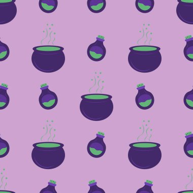 Kusursuz vektör deseni, el çizimi. Cadılar Bayramı öğeleri koleksiyonu. Mor şirin mistik desen. Çizgi film tarzı. Vektör cadı arka plan iksiri, sihirli kazan. Cadılar Bayramı tekstil baskısı büyücülüğü.