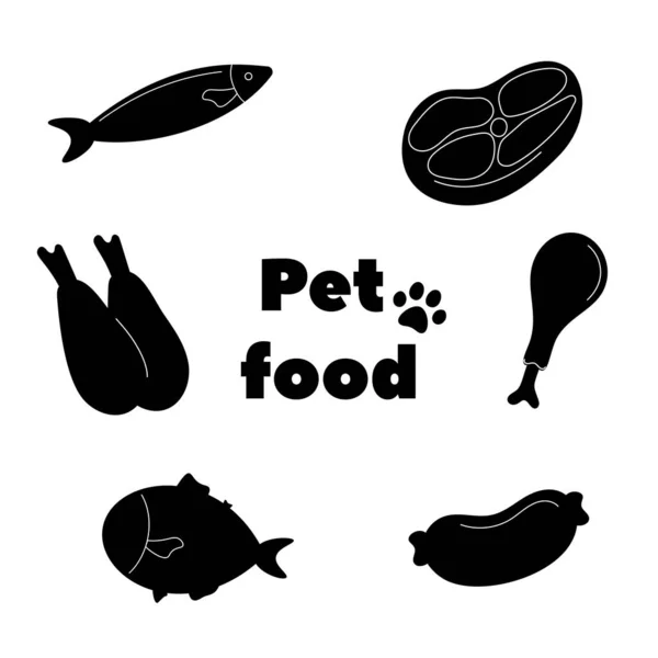 ペット用食品包装のアイコン 白い背景に黒いベクトルシルエット 猫や犬のための食品 トルコ 鶏のドラムスティックのアイコン パッケージの画像 ペットフードのための成分 — ストックベクタ