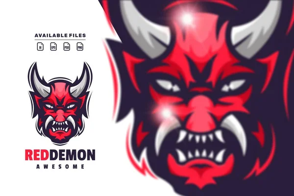 Röd Demon Huvud Tecken Maskot Logotyp — Stock vektor