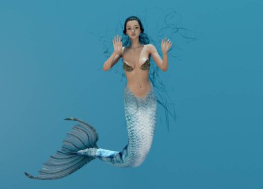 3D görüntüleme: Bir deniz kızı denizin altında yüzüyor.