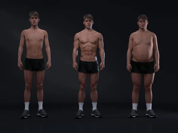 3Dレンダリング 立っている男性のボディタイプのフロントビュー 検収曲線 痩身タイプ Mesmorph 筋肉タイプ Endmorph 重量タイプ — ストック写真