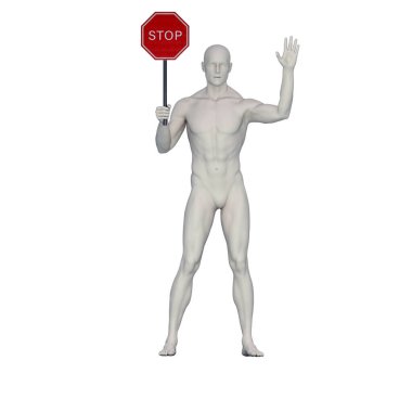 3D Render: Kil dokusuna sahip bir erkek karakter elinde boş bir pankart ya da tabela tutuyor, izole edilmiş.