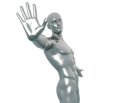 3D Render: Gümüş metal desenli erkek karakter portresi, vücuduna günlük hareketlerle poz veriyor