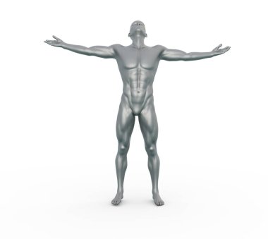 3D Render: Gümüş metal desenli erkek karakter portresi, vücuduna günlük hareketlerle poz veriyor