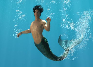 3D render: a merman creature is swimming under the sea with the air bubble around him clipart