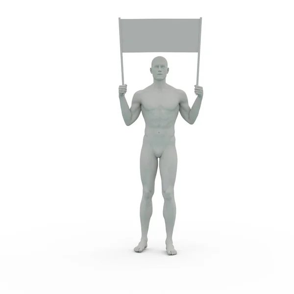 Render Ένας Αρσενικός Χαρακτήρας Πήλινη Υφή Κρατά Ένα Άδειο Banner — Φωτογραφία Αρχείου