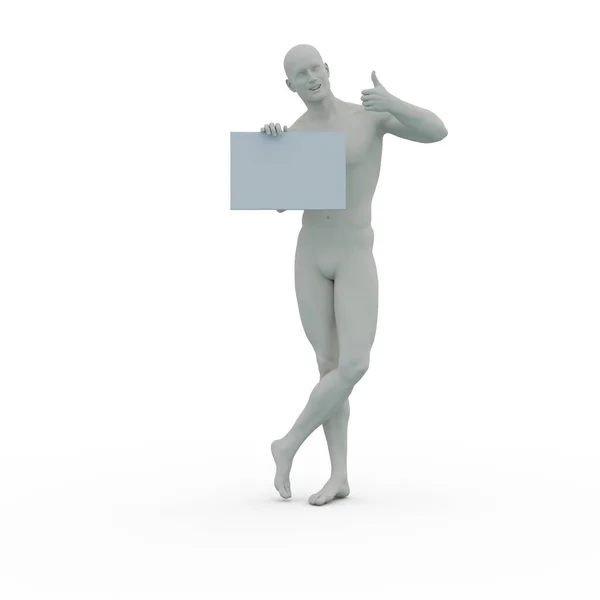 3D渲染 一个有黏土质感的男性角色手里拿着一面空的横幅或标牌 与外界隔绝 — 图库照片