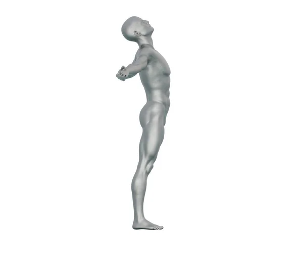 3D渲染 银色金属质感的画像 男主角表演 每天以平常的姿势摆姿势展示自己的身体 — 图库照片