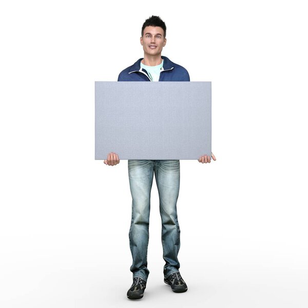 3D Render : A man with an empty banner or signboard in his hand, isolated