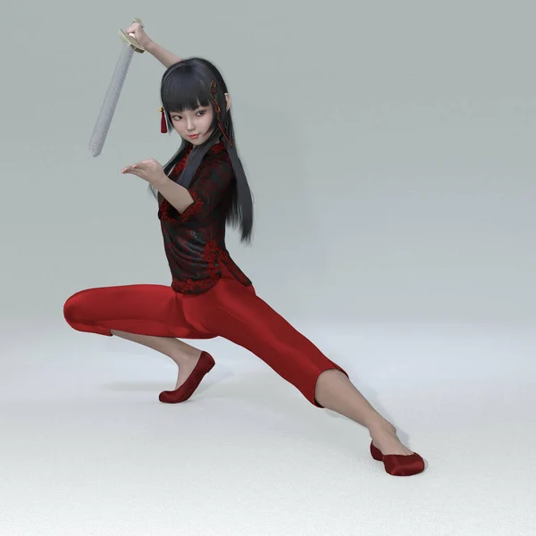 Renderowania Portret Dziewczyny Anime Pozować Jako Anime Fighter Girl — Zdjęcie stockowe