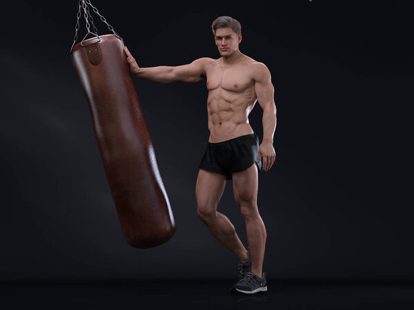 3D рендеринг: портрет стоящего мужского мезоморфа (мышечного) типа тела