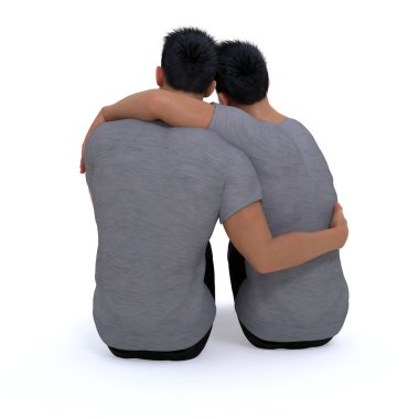 3D Render: gülen yüzlü, LGBT destekli, aynı cinsiyet ilişkisine sahip bir çift.