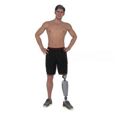 3D Render: Protez bacaklı gülümseyen bir adamın izole edilmiş görüntüsü