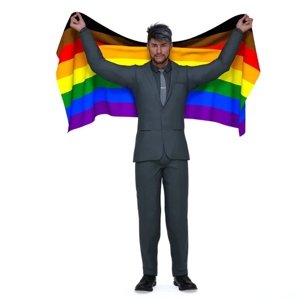 3Dレンダリング プライド虹旗を手で持つゲイの男性がLgbtをサポート — ストック写真