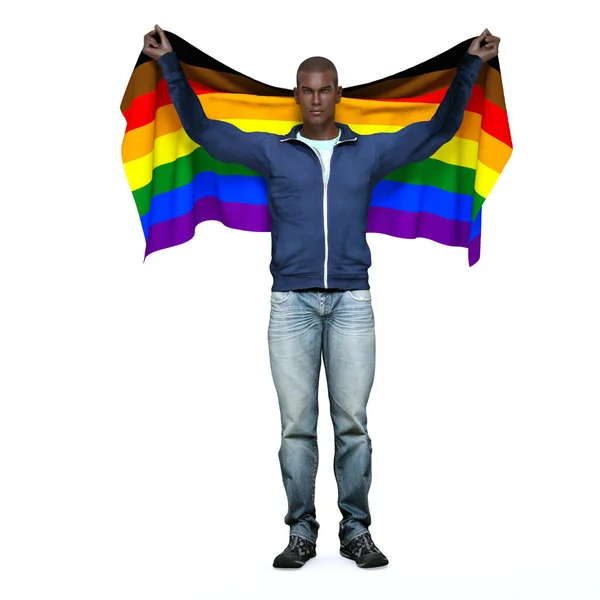 3Dレンダリング プライド虹旗を手で持つゲイの男性がLgbtをサポート — ストック写真