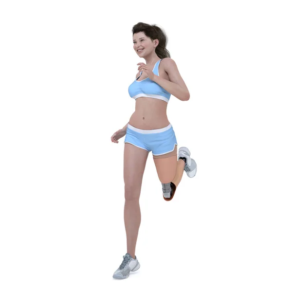 3D渲染 一个带假腿的跑步妇女的孤立图像 — 图库照片