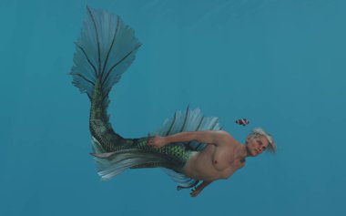 3D render: a merman creature is swimming under the sea  clipart