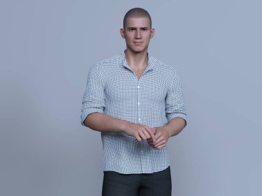 3D Render: Stüdyo arka planında günlük gömlek giyen gülümseyen genç bir adamın portresi, rahatlayın