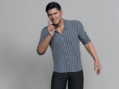 3D Render: Stüdyo arka planında günlük gömlek giyen gülümseyen genç bir adamın portresi,