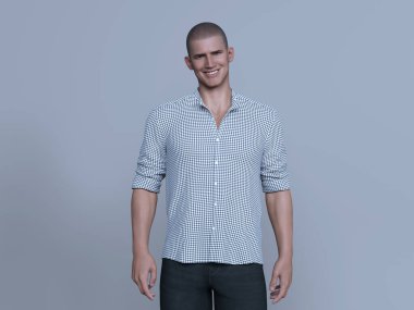 3D Render: Stüdyo arka planında günlük gömlek giyen gülümseyen genç bir adamın portresi, rahatlayın