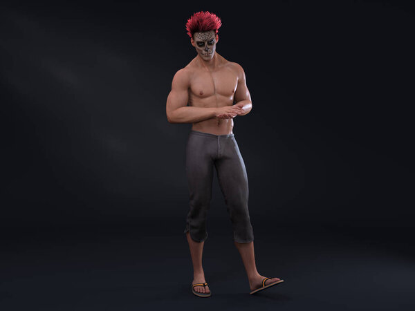 3D Render : Male character with face painted as devil for halloween 